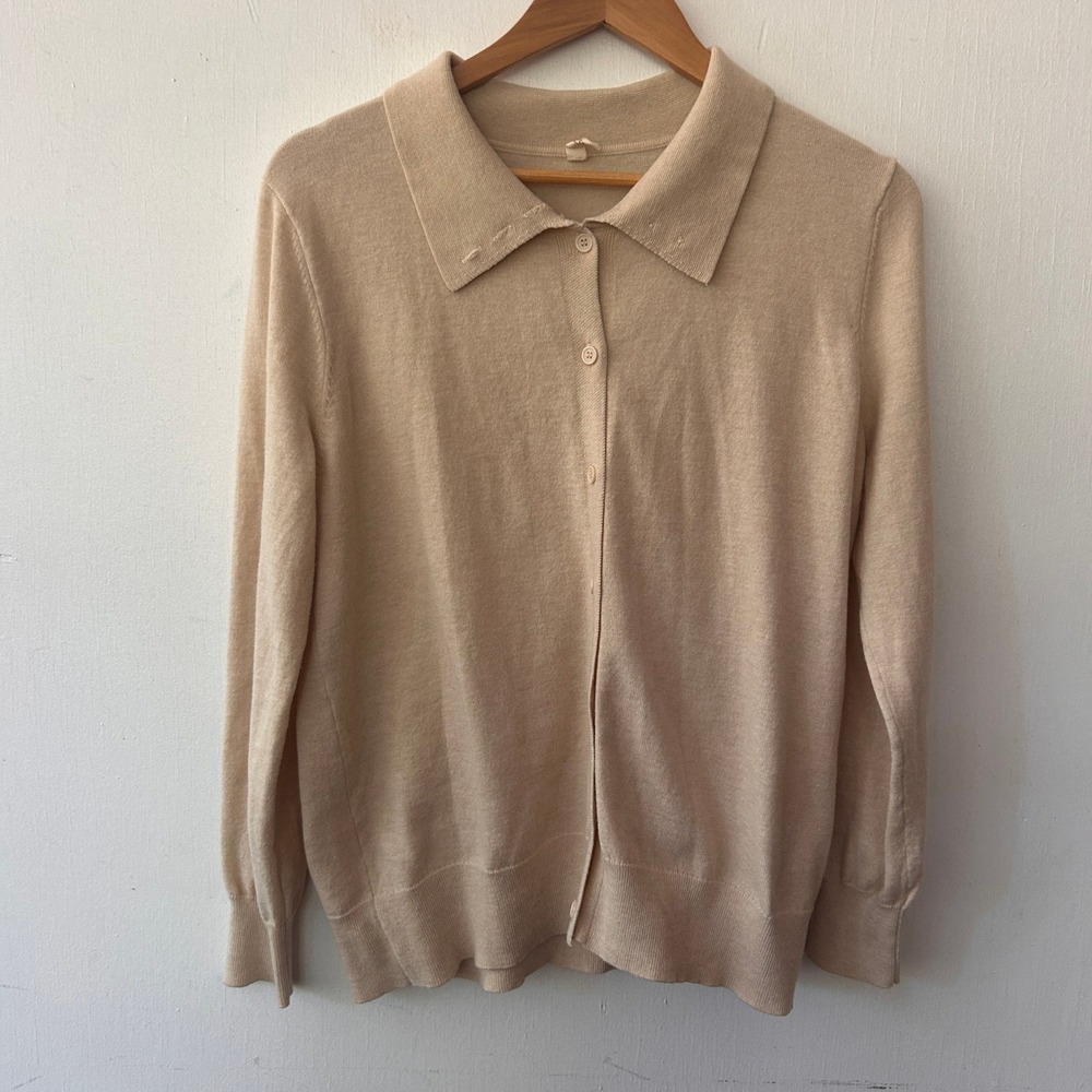 Evaless Cardigan Sweater Women Large Beige Collared Button Up Knit Minimalist